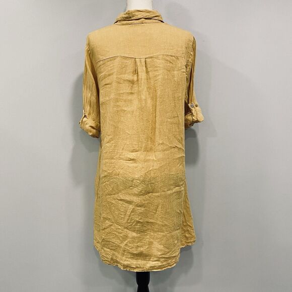 FRANCESCA BETTINI M Linen Yellow Button Shirt Dress Roll-Tab Cottage Lagenlook - Picture 4 of 16